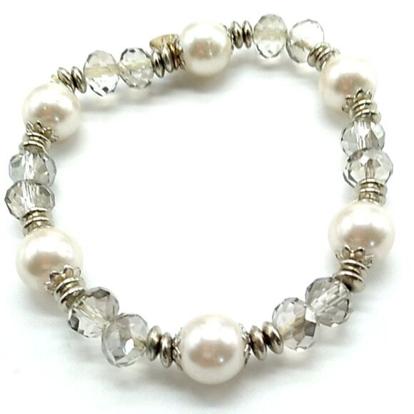 L&F Faux Pearl Crystal Beaded Stretch Bracelet with Silver-tone Spacers - Picture 1 of 8